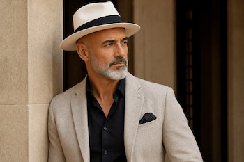 Plano medio de un hombre con barba gris, sombrero blanco con cinta negra, camisa oscura y chaqueta clara junto a un muro de piedra.