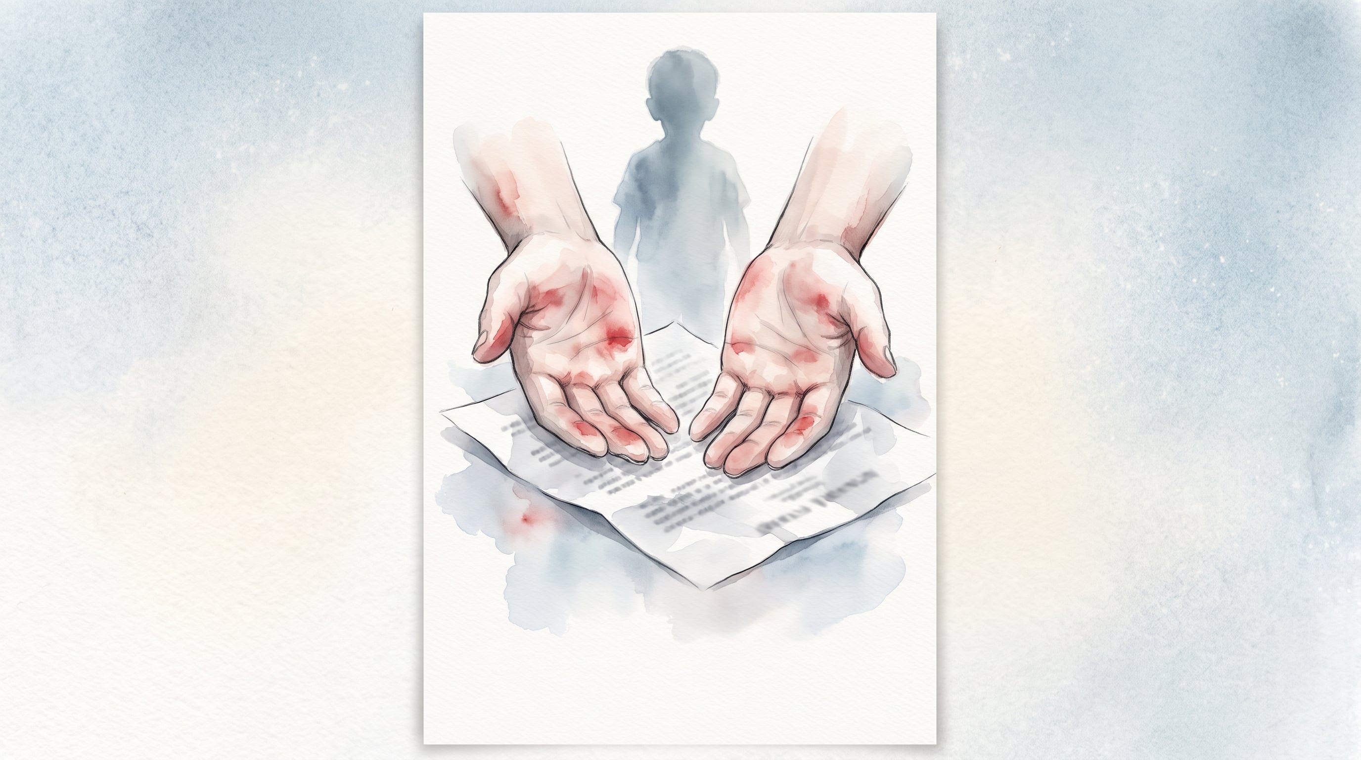 Dos manos adultas con marcas rojizas se abren sobre un documento judicial frente a la silueta de un menor en una composición realizada en acuarela. (Imagen Ilustrativa Infobae)