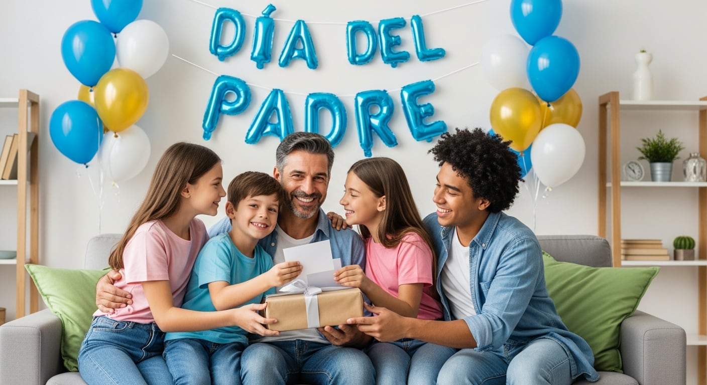 Una familia sonriente celebra el Día del Padre en su hogar, entregando un regalo y una carta al papá en un ambiente festivo. (Imagen Ilustrativa Infobae)