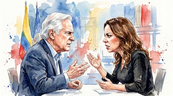 Acuarela de Miguel Uribe Londoño y María Claudia Tarazona discutiendo, con gestos expresivos. Hay banderas y arquitectura de fondo.