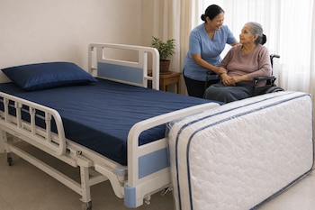 Una asistente médica en uniforme azul interactúa con una mujer mayor sentada en una silla de ruedas; a la izquierda, una cama hospitalaria con sábanas azules y un colchón nuevo.