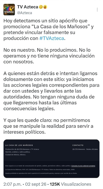 Publicación en redes sociales de la cuenta de TV Azteca con un mensaje de texto y la captura de pantalla de un sitio web no oficial