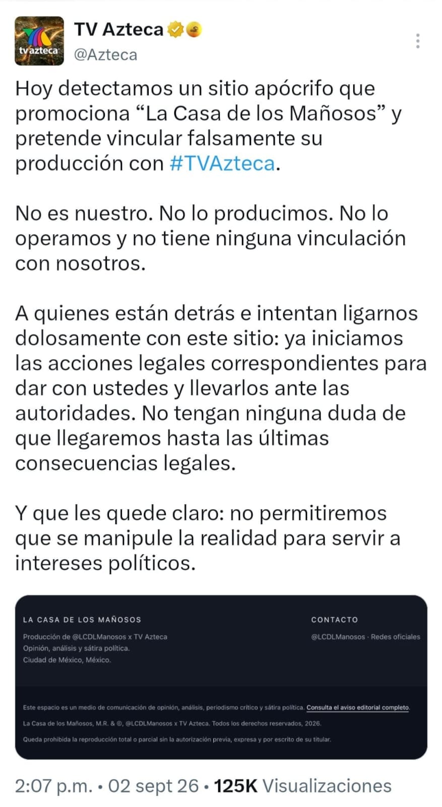 La cadena TV Azteca desmiente la relación con el portal denominado La Casa de los Mañosos e inicia acciones legales contra sus creadores. (X)