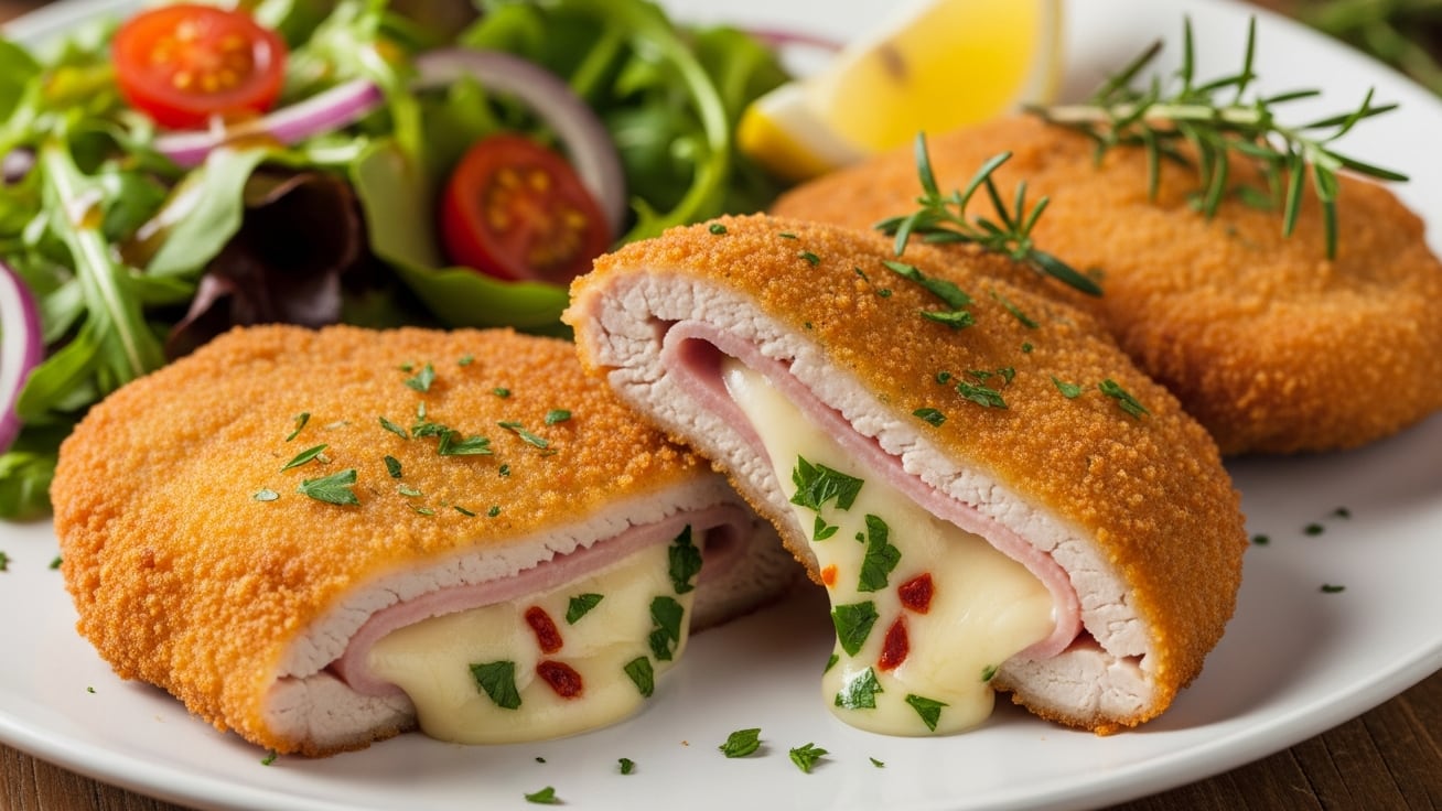 Detalle del corte de una milanesa de cerdo rellena, donde se aprecia el queso fundido y el jamón (Imagen ilustrativa Infobae)