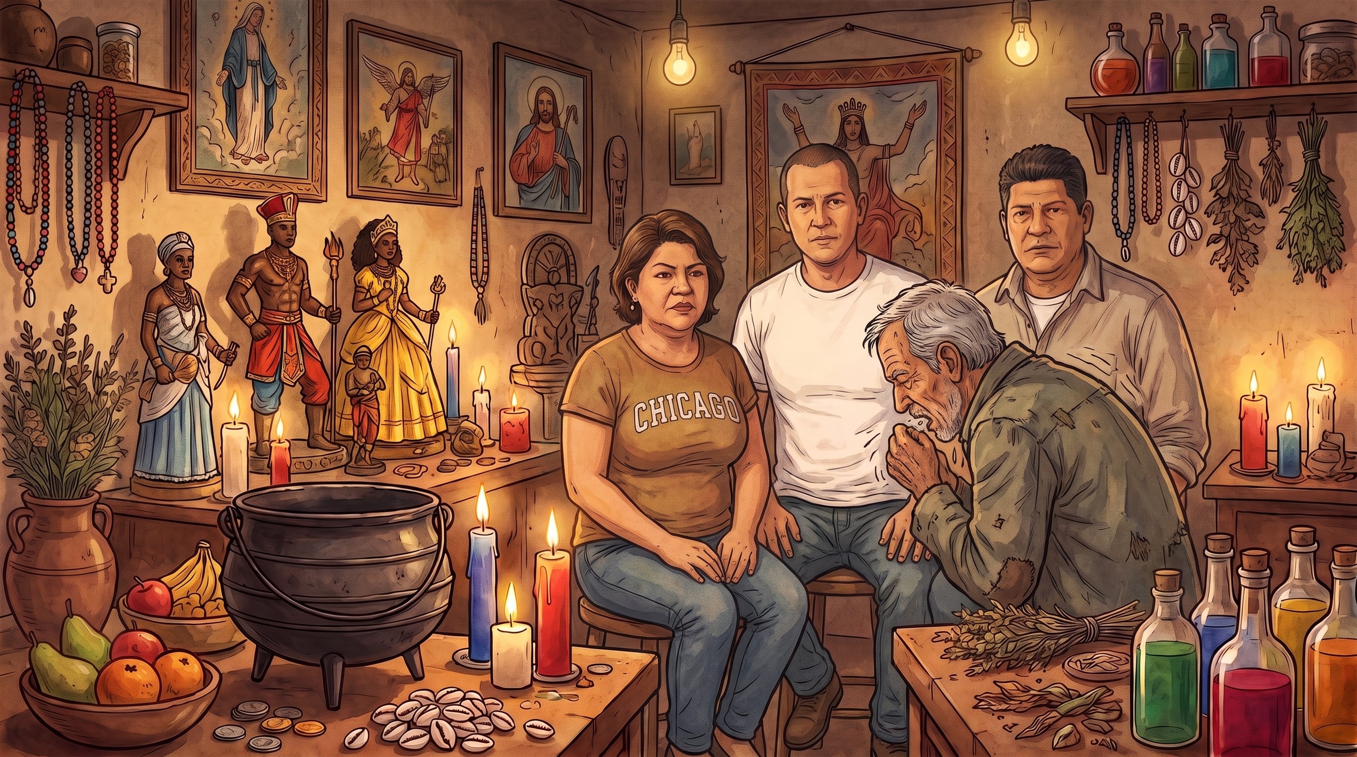 Tres personas escuchan a un adulto mayor que tose en un recinto rodeado de figuras religiosas, velas y calderos. (Imagen Ilustrativa Infobae)