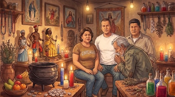 Tres adultos sentados junto a un anciano que tose en un cuarto con velas, caldero, figuras religiosas y frascos.