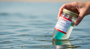 Una mano sostiene un frasco de vidrio con una etiqueta que dice 'Sanitary' parcialmente sumergido en agua de mar con pequeñas partículas y burbujas.