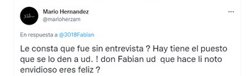 Trino publicado por Mario Hernández en su cuenta de Twitter