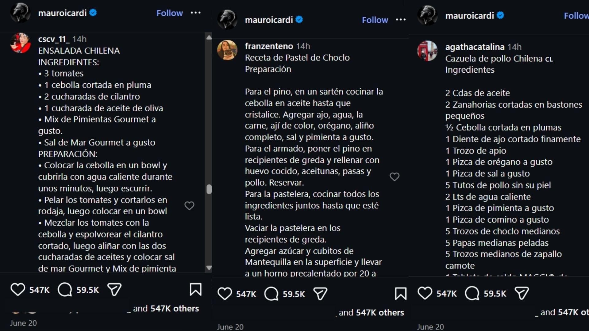 Las declaraciones cruzadas derivaron en una original protesta culinaria que incluyó desde empanadas de pino hasta pastel de choclo y cazuela de pollo (Instagram)