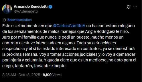 El ministro Armando Benedetti negó haber solicitado puestos o contratos en la Unidad Nacional para la Gestión del Riesgo de Desastres - crédito @AABenedetti/X