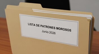 Una carpeta de manila con una etiqueta blanca que dice "LISTA DE PATRONES MOROSOS Junio 2026", conteniendo hojas de papel blancas sobre una mesa de madera.