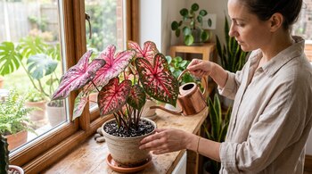 Una mujer riega una planta de Caladium con hojas rojizas y verdes en una maceta sobre una repisa junto a la ventana.
