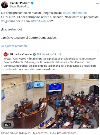 Jennifer Pedraza cuestionó ética del Centro Democrático por caso Ciro Ramírez - crédito @JenniferPedraz/X