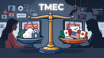 Ilustración de una balanza con símbolos de ciberseguridad, nube y candado en un lado, y banderas de México, EE.UU. y Canadá en el otro, con el texto TMEC.