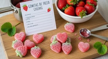 Varias gomitas de fresa caseras con azúcar espolvoreada, fresas frescas en un cuenco, una olla y una tarjeta de receta en una tabla de madera.