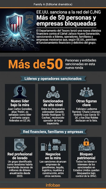 Escudo de Estados Unidos y Departamento del Tesoro con cadenas, texto y seis paneles con íconos de personas, dinero, negocios y bloqueo patrimonial.