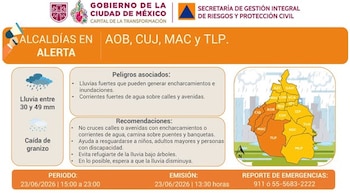 Infografía de alerta meteorológica para Ciudad de México. Muestra logos, texto sobre lluvia y granizo, peligros, recomendaciones y un mapa de alcaldías