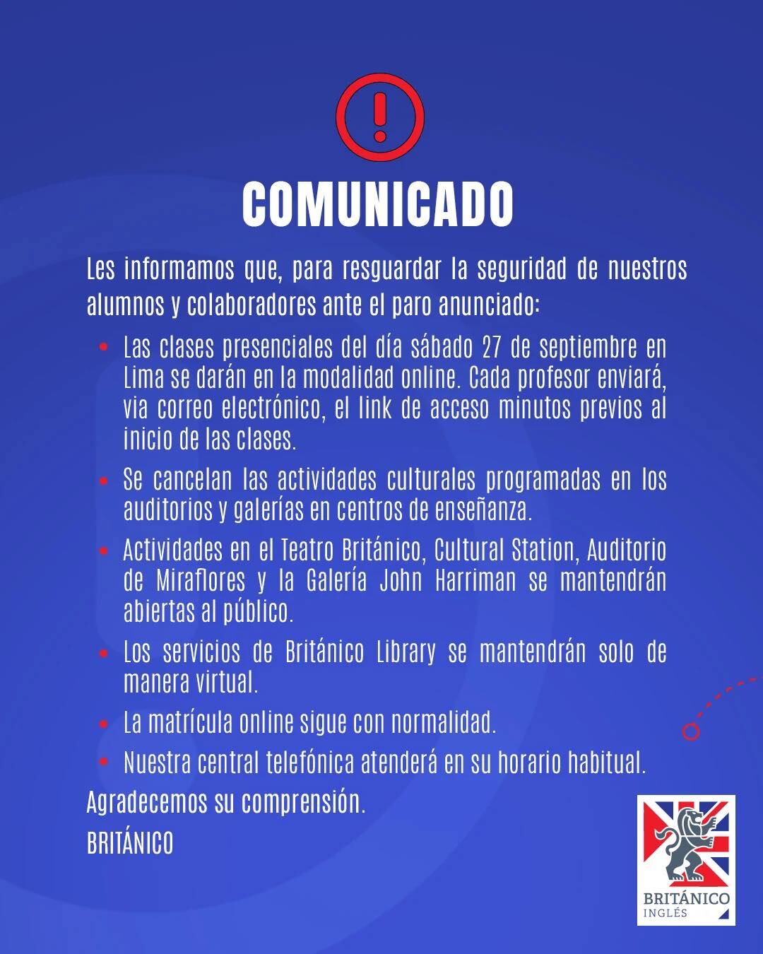Británico suspende clases presenciales por paro| Británico
