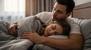 Primer plano de un hombre y una mujer abrazados bajo un edredón gris en una cama, con los ojos cerrados, en un dormitorio iluminado.