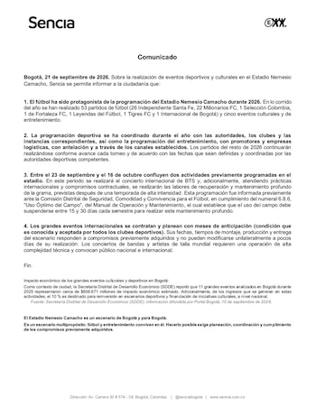 Comunicado de prensa de Sencia sobre la utilización del estadio para el partido de la Liga Femenina programado para el miércoles 23 de septiembre - crédito Sencia
