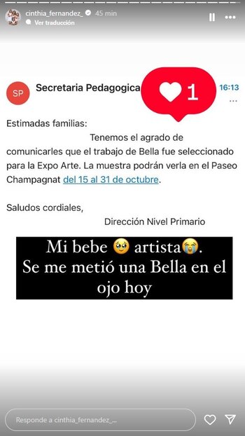 Cinthia Fernández mostró la carta de la escuela de su hija Bella donde anuncia que la niña fue seleccionada para una muestra de arte (Instagram)
