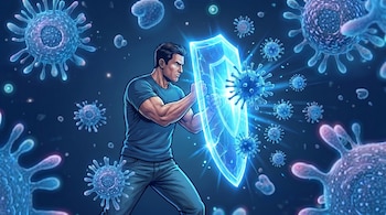 Ilustración de un hombre en camiseta azul y jeans, sujetando un escudo de energía brillante azul. Células de virus azules y morados flotan a su alrededor.