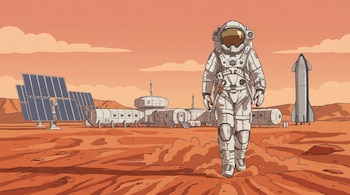 Ilustración de un astronauta en traje blanco caminando sobre la superficie rojiza de Marte, con una base modular, paneles solares y una nave espacial.