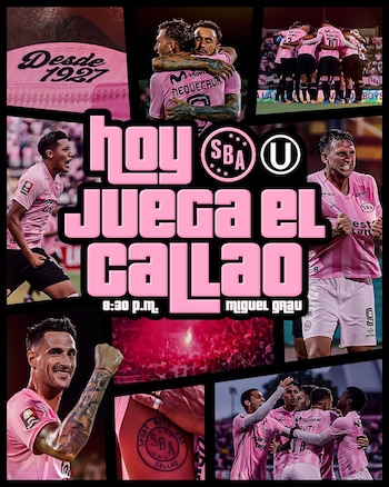 Collage negro con texto rosado "HOY JUEGA EL CALLAO". Incluye fotos de jugadores de Sport Boys en uniformes rosados, celebrando, y aficionados con bengalas rosas