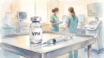 Ilustración acuarelada de un vial con las iniciales VPH y una jeringa sobre una mesa quirúrgica metálica, con dos enfermeras borrosas en un hospital.