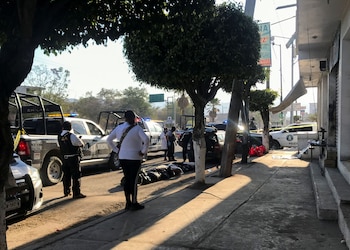 Police and forensic technicians stand