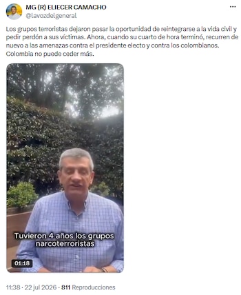 Eliécer Camacho responsabilizó a las Farc, ELN y Clan del Golfo de planear atentado contra el mandatario electo Abelardo de la Espriella - crédito @lavozdelgeneral/X