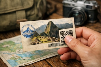 Una mano sostiene un ticket de entrada a Machu Picchu con sello y código QR. Un mapa turístico, una mesa de madera rústica, una mochila y una cámara se ven desenfocados.