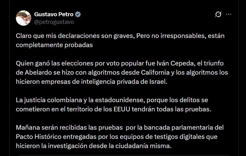 Gustavo Petro indicó que la bancada del Pacto Histórico recibirán las pruebas que, según Gustavo Petro, fueron recogidas por los equipos de testigos digitales - crédito @petrogustavo/X