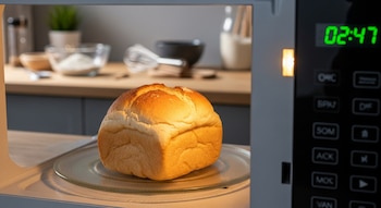 Un pan recién hecho reposa sobre un plato giratorio dentro de un microondas encendido, con el temporizador digital verde marcando 02:47.