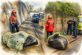 Ilustración con dos escenas de bomberos y policías junto a bolsas plásticas cerradas y vehículos de emergencia en aceras urbanas.