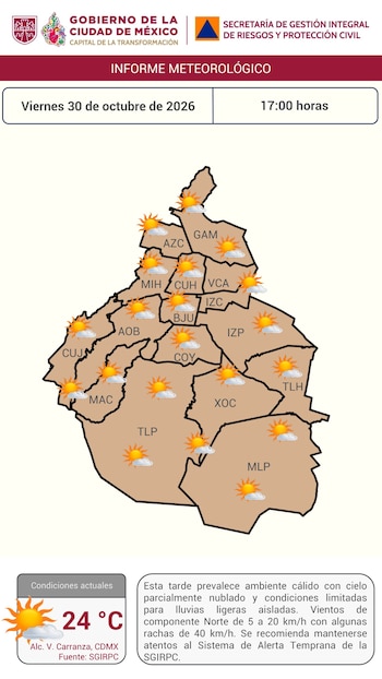 La Ciudad de México registró una temperatura de 24 °C, con cielo parcialmente nublado y condiciones limitadas para lluvias ligeras aisladas. (X/ @SGIRPC_CDMX)