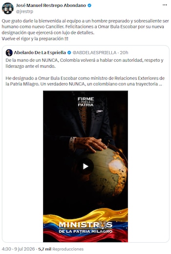 José Manuel Restrepo destacó la preparación de Omar Bula Escobar en su ingreso a la Cancillería - crédito @jrestrp/X