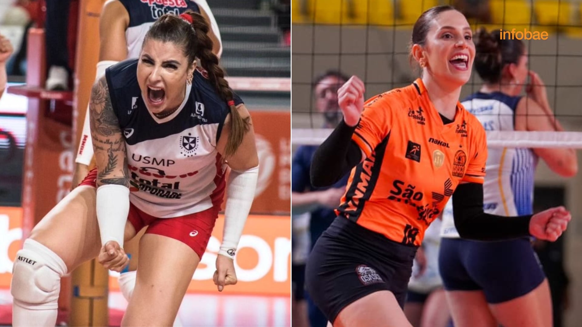 Jugadoras de Universidad San Martín y Osasco muestran su pasión en la cancha durante las semifinales del Sudamericano de Clubes de Vóley 2026, con ambas atletas celebrando puntos decisivos. (FPV - Federación Peruana de Vóley)