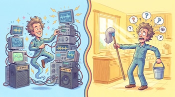 Dibujo dividido: a la izquierda un hombre manipula pantallas y cables, a la derecha sostiene un trapeador y una cubeta en una cocina.
