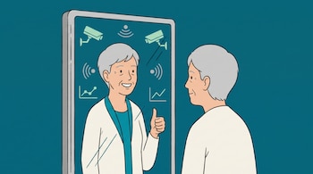 Ilustración plana de una persona mayor con cabello canoso mirando su reflejo sonriente y vital en un espejo digital interactivo, con iconos de cámaras y gráficos.