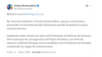 El partido Centro Democrático señaló el ministro designada Rodrigo Lara de maltratar al Centro Democrático - crédito @CeDemocratico/X