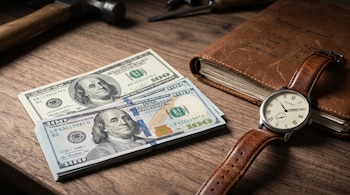 Billetes de cien dólares estadounidenses, un reloj de pulsera y un cuaderno sobre una mesa de madera.