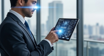 Hombre de negocios en traje sostiene una tableta digital con interfaz gráfica de red y acceso seguro, con un brillo azul sobre su nariz y un fondo urbano.