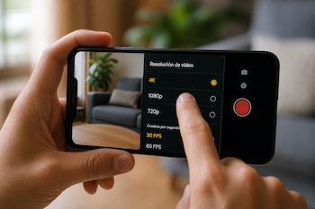 Manos sosteniendo un teléfono inteligente que muestra en pantalla un menú de ajuste de resolución de video.