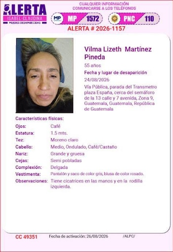 Cartel oficial de la Alerta Isabel-Claudina con la fotografía, características físicas y datos de búsqueda de Vilma Lizeth Martínez Pineda