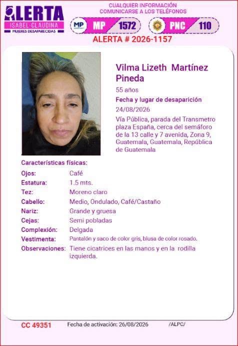 La Alerta Isabel-Claudina difunde los datos para la localización de Vilma Lizeth Martínez Pineda, vista por última vez en la Zona 9 de la Ciudad de Guatemala. (Alerta Isabel Claudina)