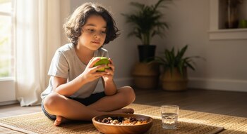 Un niño de pelo rizado sentado en el suelo sostiene una manzana verde, junto a un cuenco con frutos secos y un vaso de agua.
