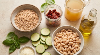Farro, porotos blancos, queso rallado, tomates secos, rodajas de zucchini, albahaca, caldo y aceite sobre una superficie de piedra clara.