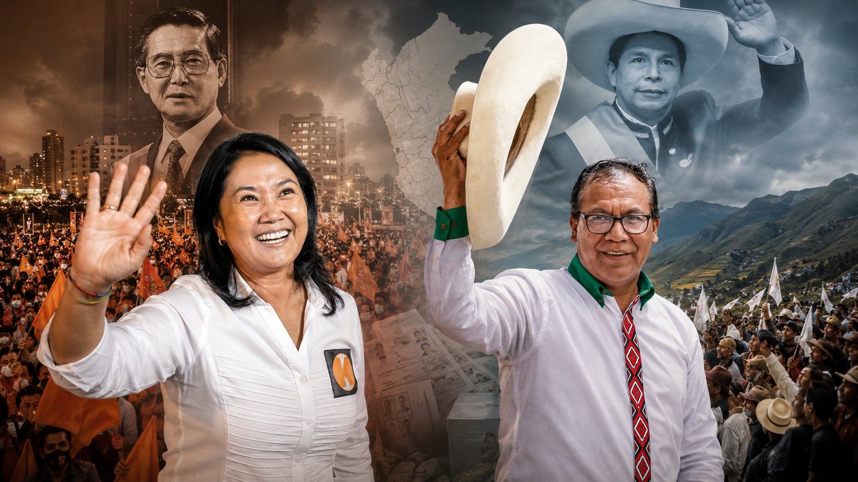 Keiko Fujimori de Fuerza Popular y Roberto Sánchez de Juntos por el Perú se miden en el balotaje presidencial de 2026, con campañas que apelan a legados y geografías políticas opuestas. (Imagen Ilustrativa Infobae)