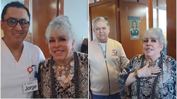Collage de dos fotos: mujer con cabello gris y blusa estampada junto a un hombre con uniforme blanco y gafete que dice 'Jorge'. En la otra, la mujer con otro hombre.X